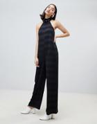 Lost Ink Sleeveless Jumpsuit With Buckle Collar In Tonal Stripe - Black