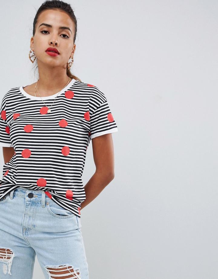 Noisy May Stripe And Polka Dot T-shirt - White