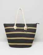 Pia Rossini Straw Bag With Gold Stripe And Rope Handles - Black