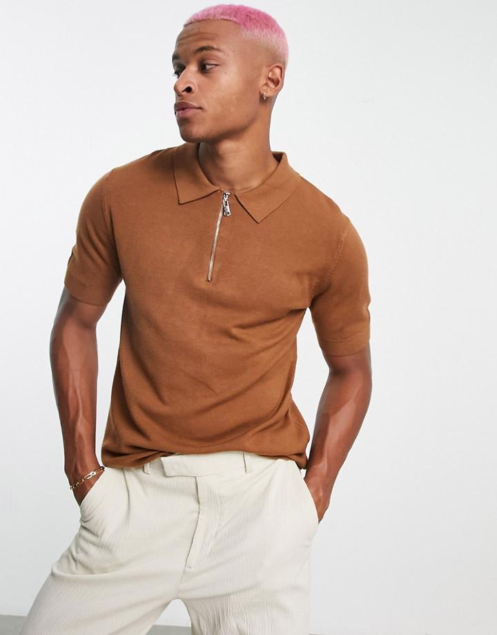 Bando Short Sleeve Knit 1/4 Zip Polo Shirt-brown