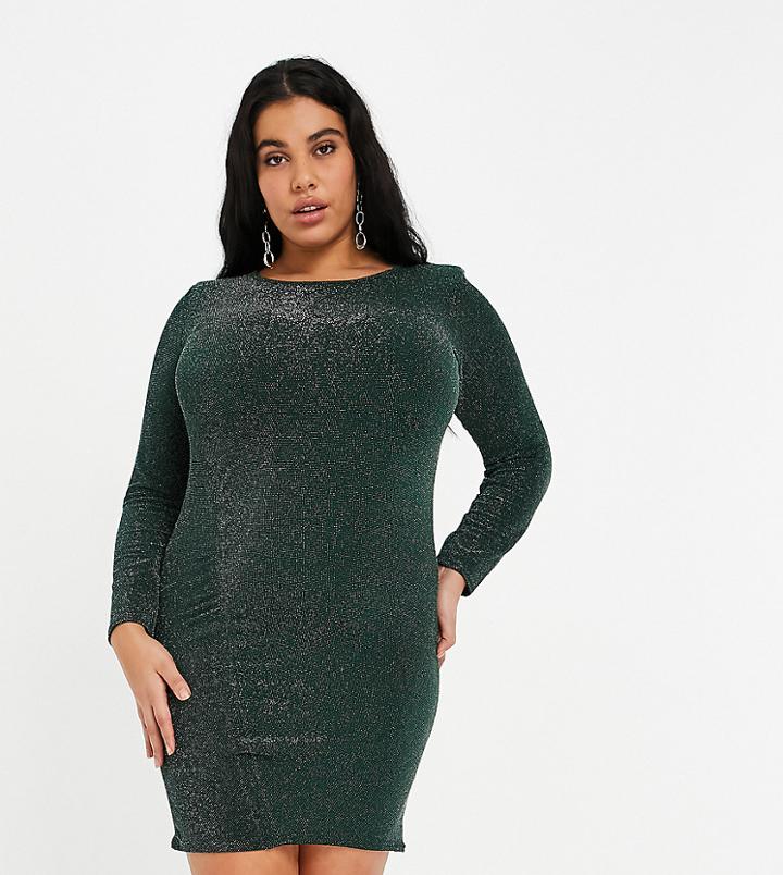 Fashionkilla Plus Glitter Ruched Front Mini Dress With Shoulder Pads In Emerald Green