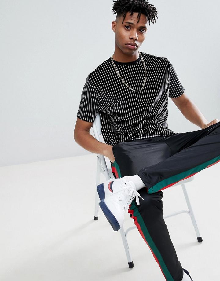 Asos Design Relaxed Longline T-shirt With Velour Vertical Stripe - Black
