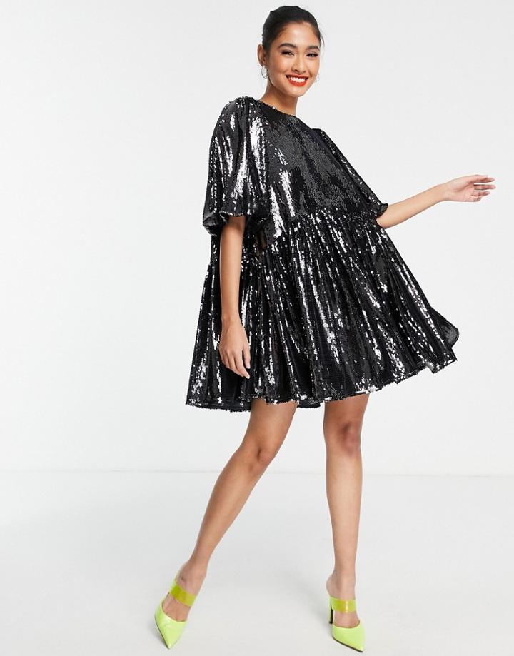 Asos Edition Sequin Mini Smock Dress In Charcoal-grey