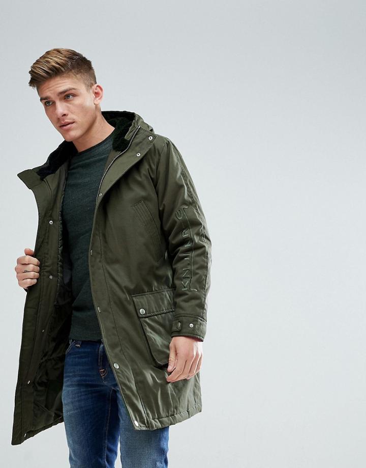 Asos Heavyweight Parka With Embroidery In Khaki-green