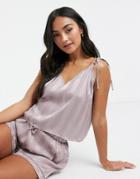 Loungeable Stripe Jacquard Satin Cami Top In Mink-brown