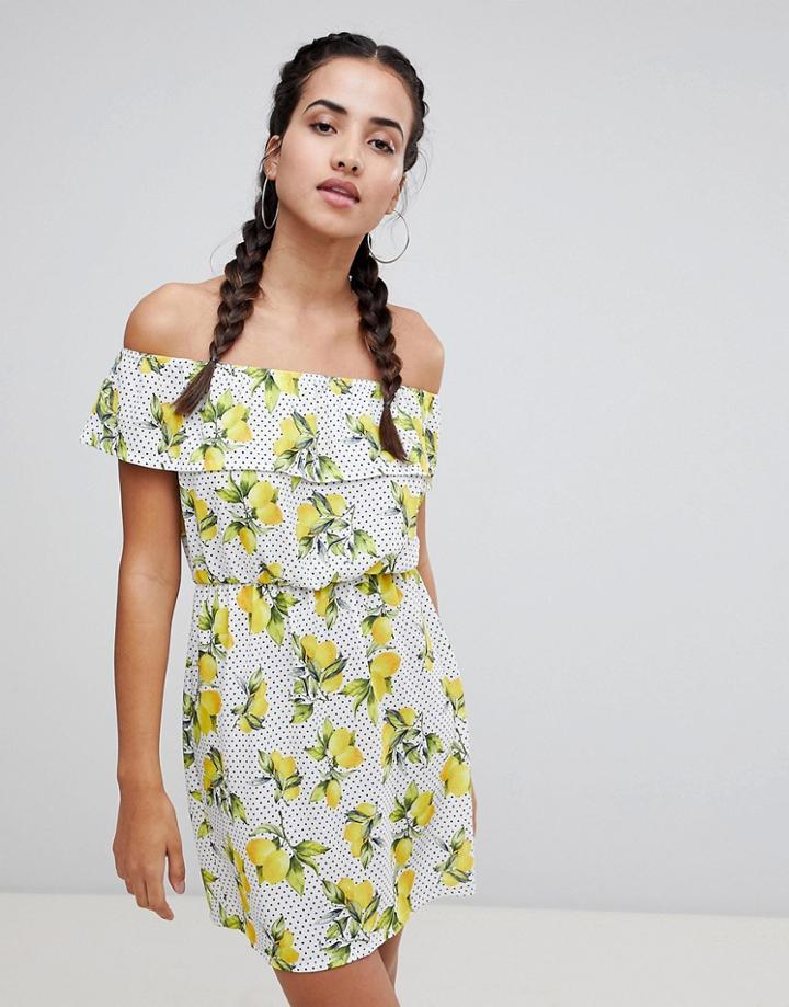 Missguided Lemon And Polka Dot Bardot Dress - White