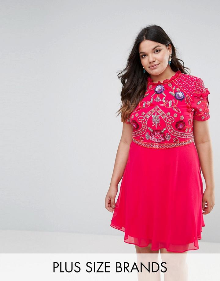 Frock And Frill Plus Embellished Skater Dress - Pink