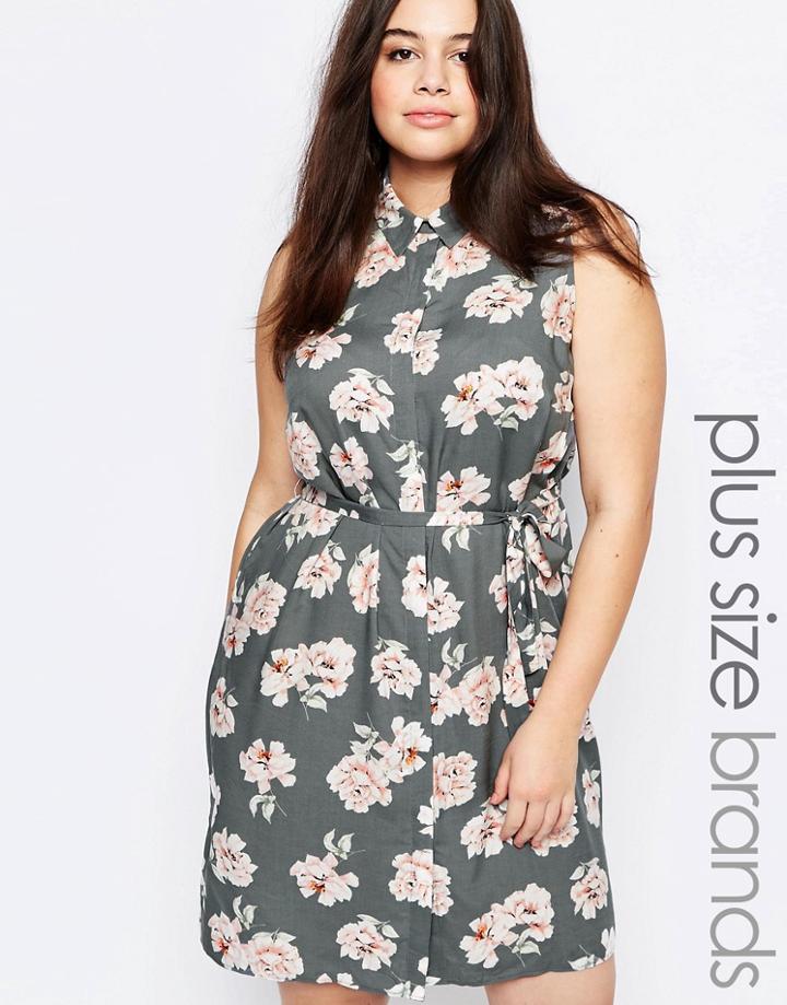 New Look Plus Floral Sleeveless Shirt Dress - Blue