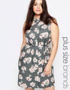 New Look Plus Floral Sleeveless Shirt Dress - Blue