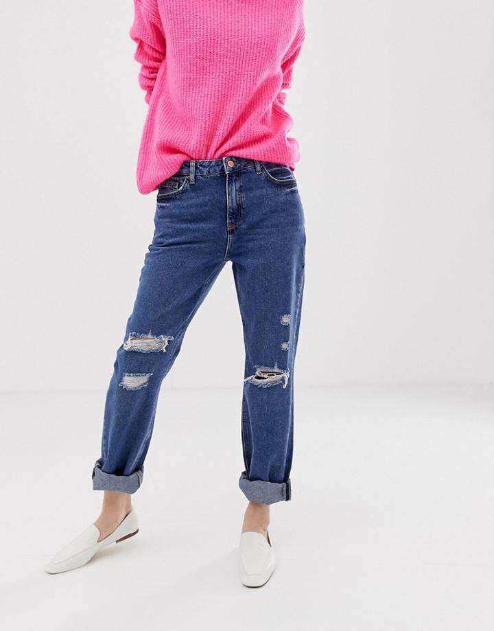 New Look Boyfriend Jeans With Rips In Blue - Blue