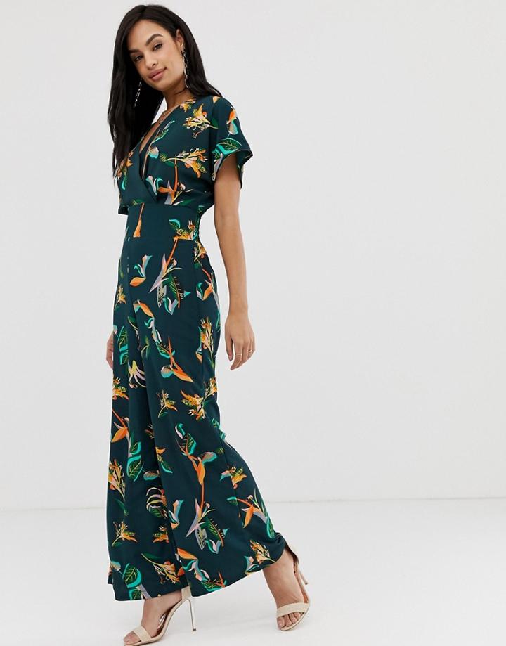 Liquorish Wrap Front Jumpsuit In Tropical Floral Print - Multi