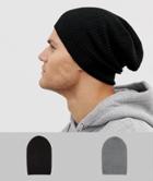 Asos Design Slouchy Beanie 2 Pack In Black And Gray Save-multi
