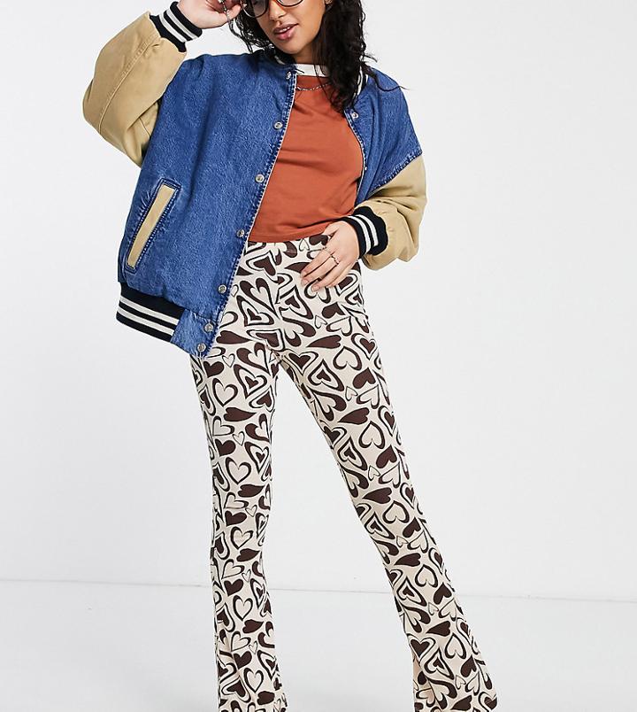 Topshop Petite Flared Pants In Retro Heart Print-white