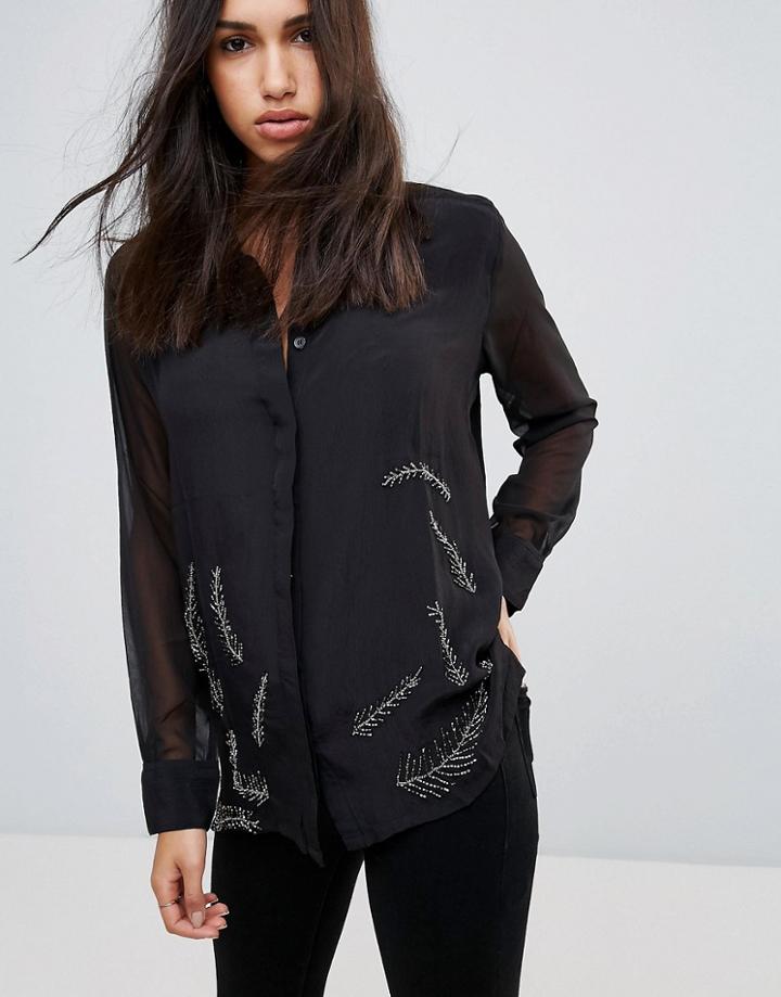 Religion Significant Feather Embelished Shirt - Black