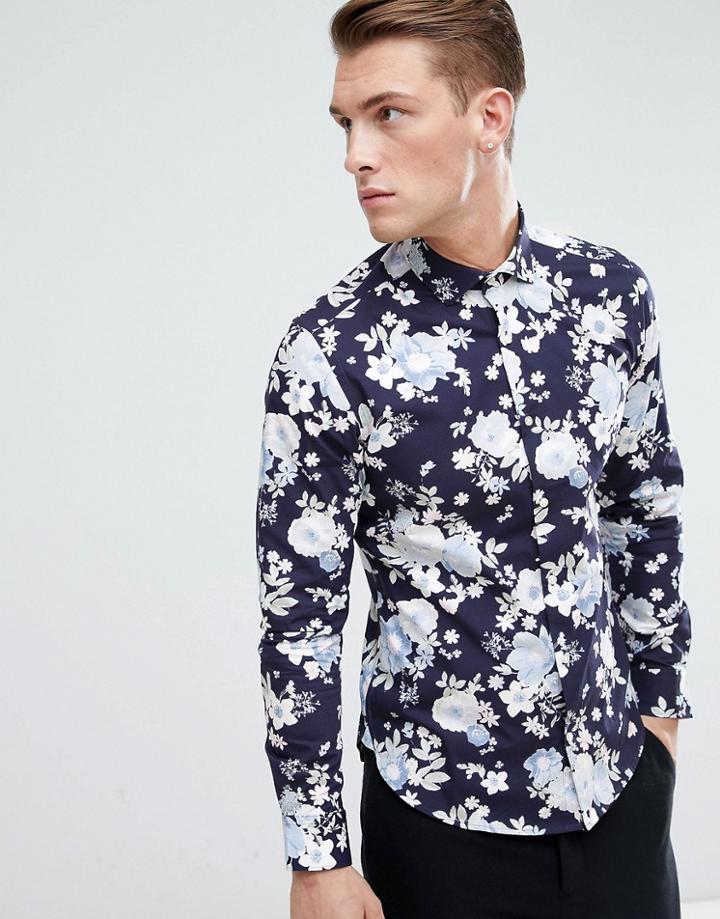 Moss London Extra Slim Shirt In Navy With Floral Print - Navy