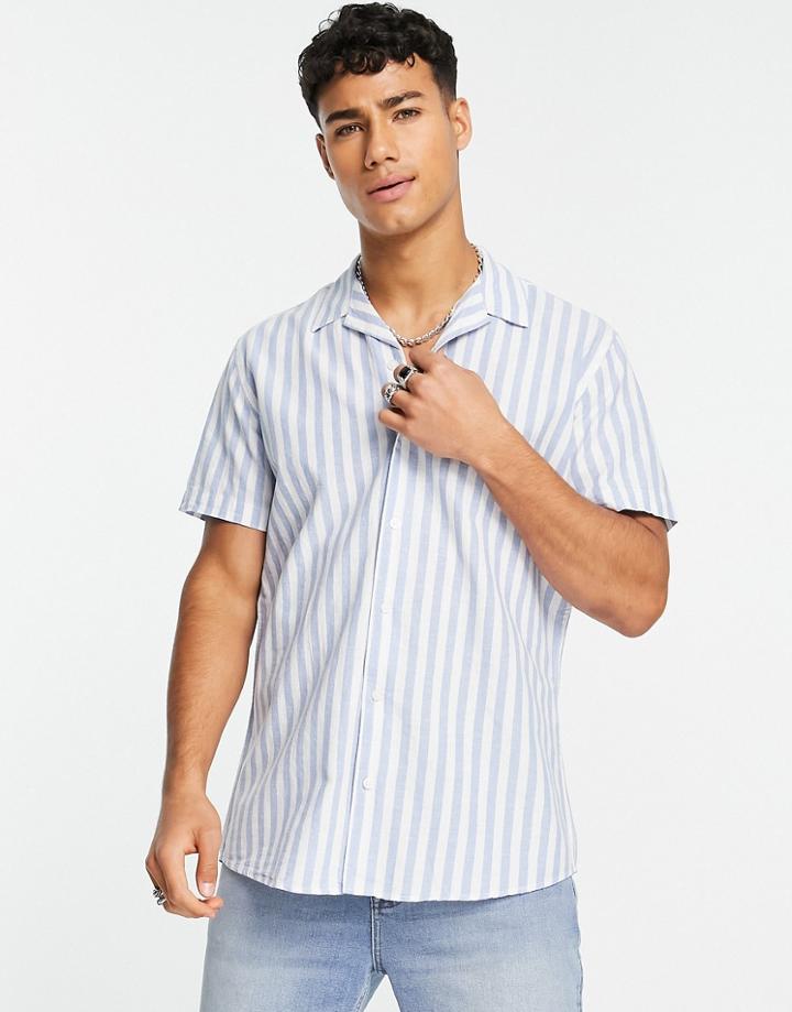 Selected Homme Linen Mix Revere Short Sleeve Shirt In Blue Stripe