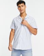 Selected Homme Linen Mix Revere Short Sleeve Shirt In Blue Stripe