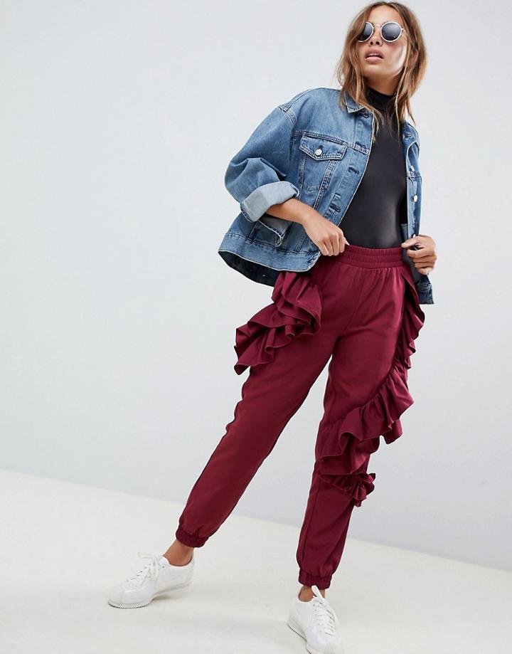 Asos Design Ruffle Joggers In Burgundy - Red