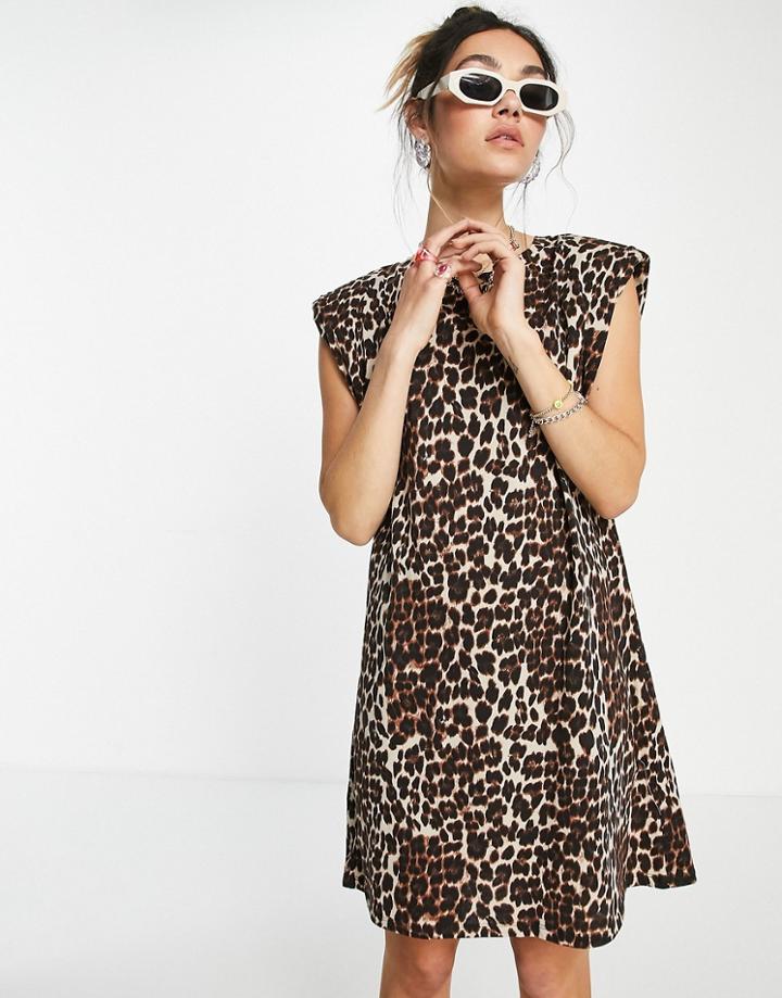 Only Cotton T-shirt Dress With Padded Shoulder In Leopard Print - Multi