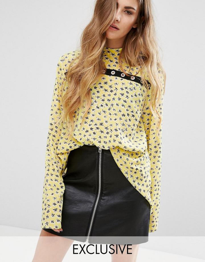 Reclaimed Vintage High Neck Top With Eyelet Detail - Yellow