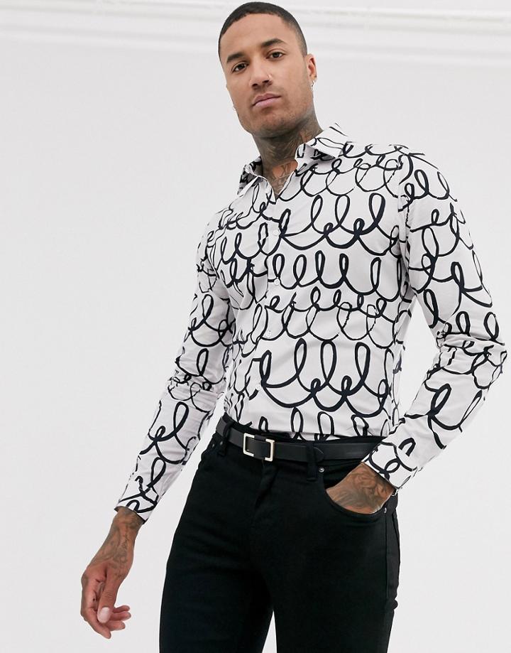 Devils Advocate Squiggle Print Slim Fit Shirt-white
