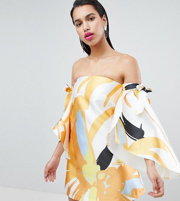 True Violet Off Shoulder Dress With Tie Sleeve - Multi