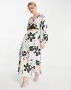 Asos Design Lace Insert Satin Midi Tea Dress In Bold Floral Print-multi