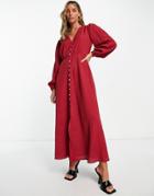 River Island Button Up Midi Dress In Dark Red-purple