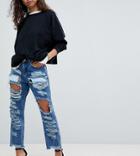 Asos Petite Original Mom Jeans In Authentic Mid Wash With Extreme Super Busts - Blue