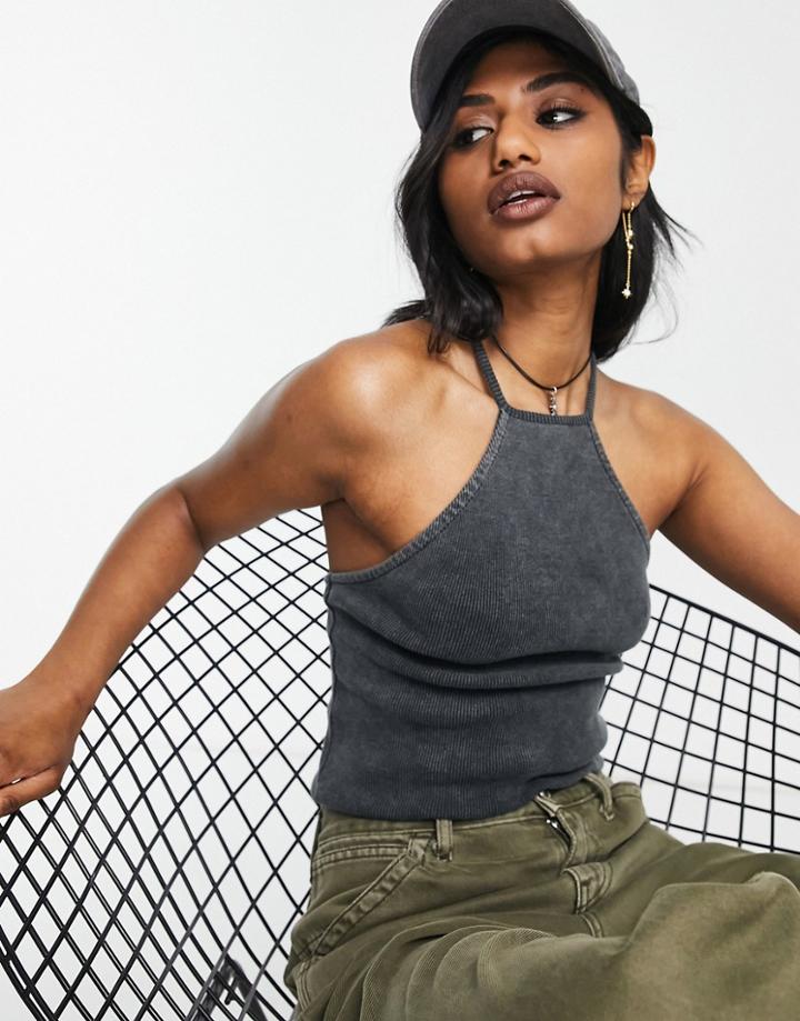 Topshop Strappy Ribbed Wash Cami In Black