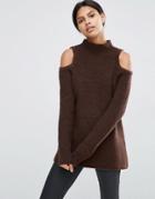 Asos Sweater In Rib With Cold Shoulder - Brown