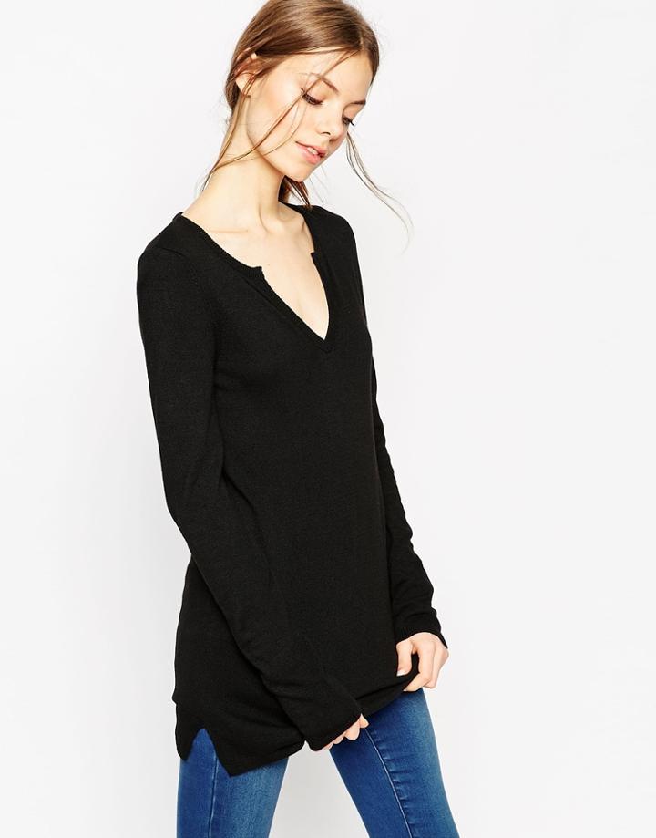 Asos Flared Sleeve Tunic With Deep Notch V-neck In Knit - Black
