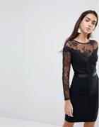 Lipsy Bodycon Dress With Lace Sleeves And Velvet Trim - Black