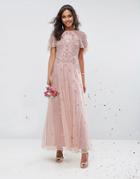 Asos Wedding Iridescent Delicate Beaded Flutter Sleeve Maxi Dress - Pink