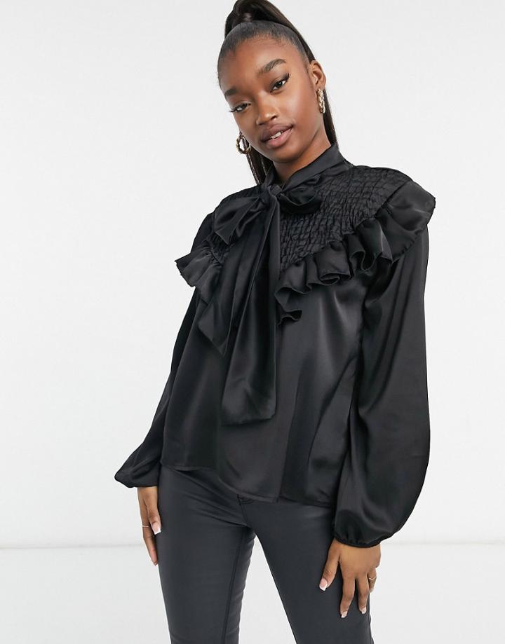 Femme Luxe Satin Ruffle Tie Neck Shirt In Black