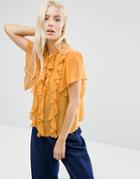 Asos Ruffle Blouse With Short Sleeve & Tie - Yellow