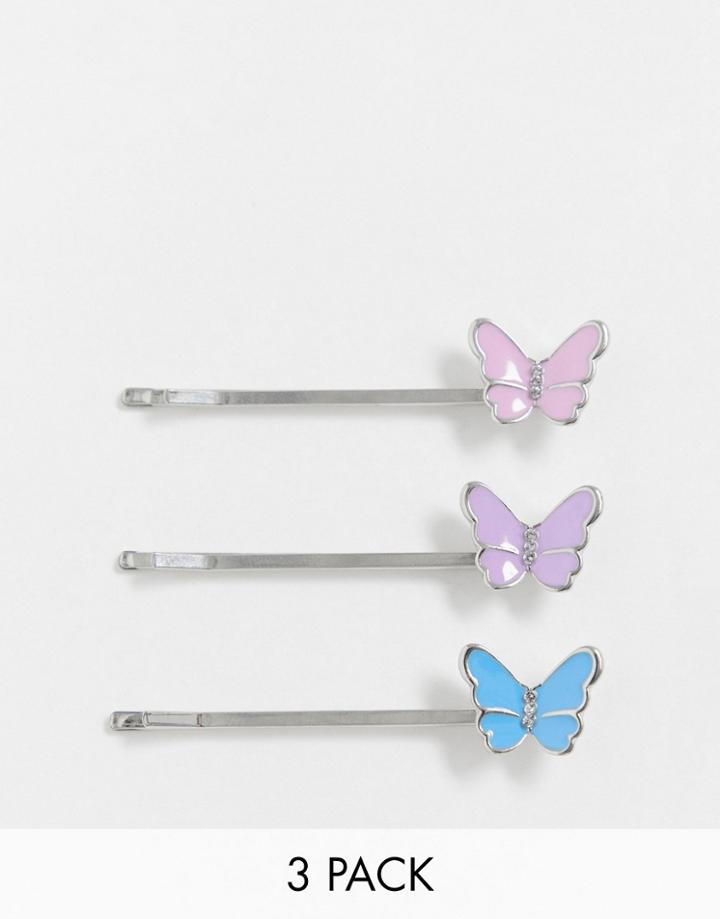 Asos Design Pack Of 3 Hair Clips With Colorful Butterflies In Silver Tone