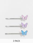 Asos Design Pack Of 3 Hair Clips With Colorful Butterflies In Silver Tone