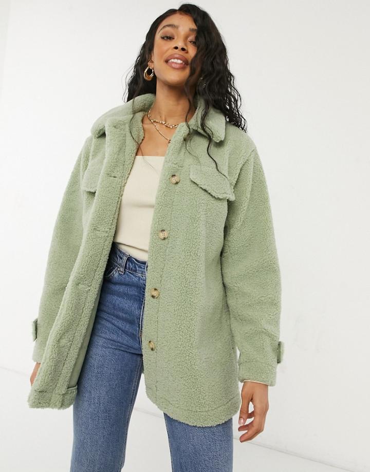Threadbare Kaila Sherpa Shirt Style Coat In Sage-white