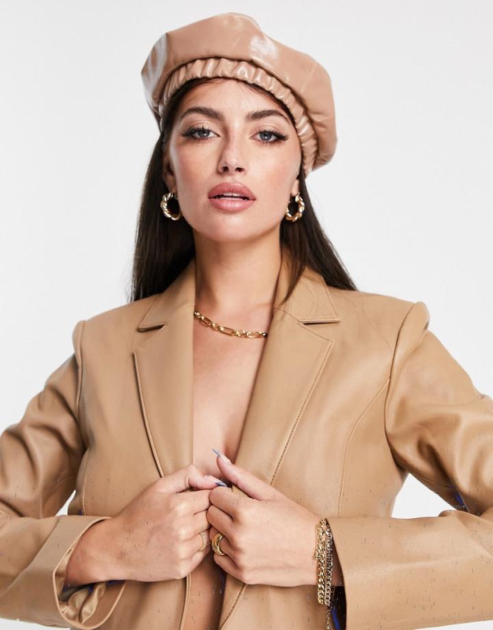 Asos Design Vinyl Ruched Band Beret In Camel-neutral
