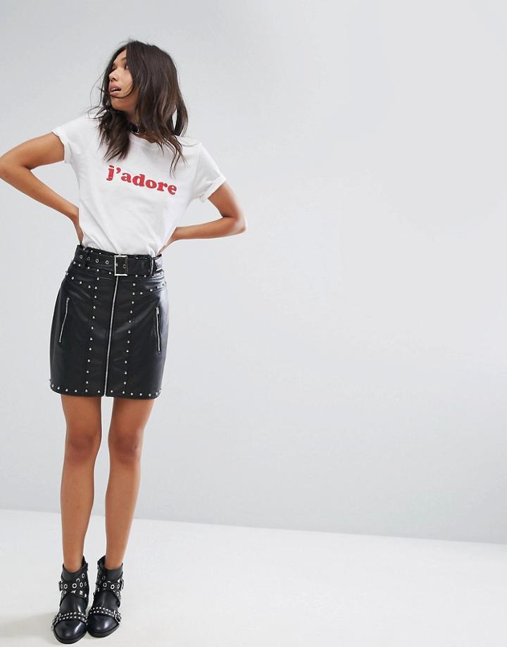 Prettylittlething Leather Look Studded Detail Skirt - Black