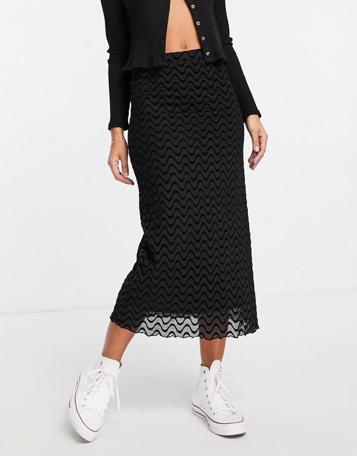 Stradivarius Midi Skirt In Flocked Wave Print-black