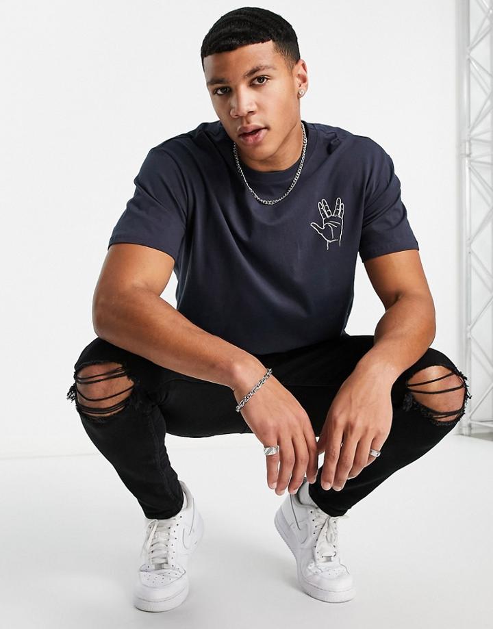 Only & Sons Oversized T-shirt With Outline Hand Print In Navy