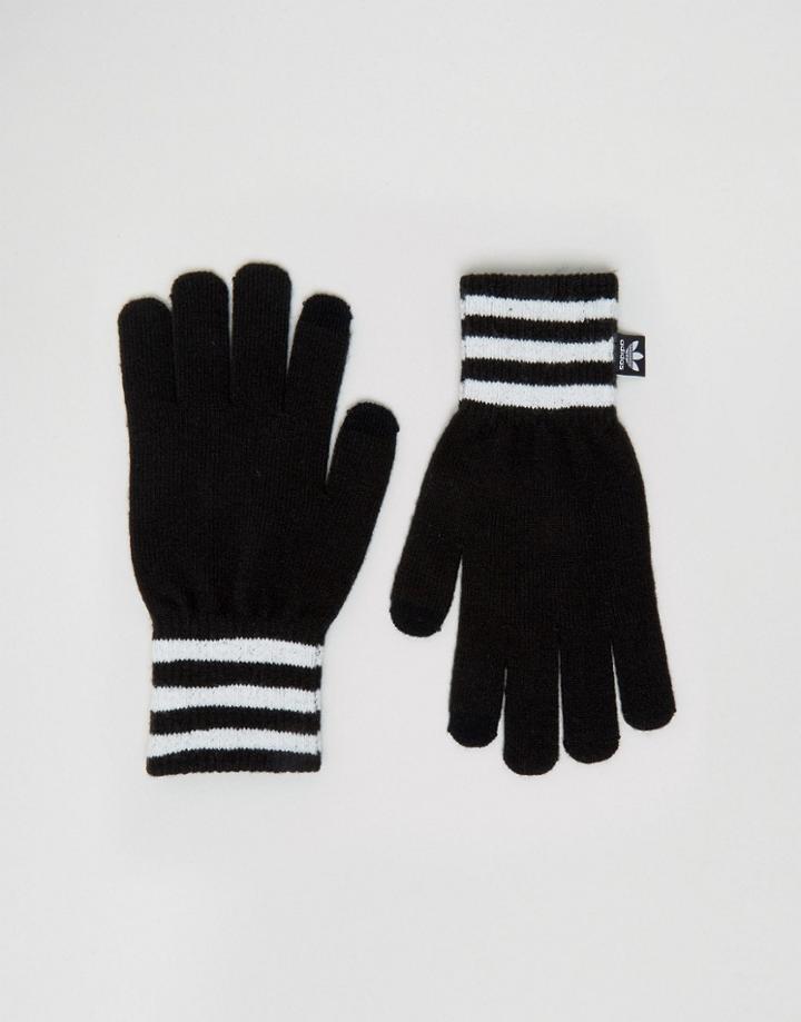 Adidas Originals Knitted Gloves With Three Stripe Trim - Black