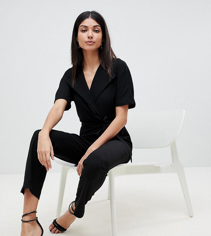 Asos Design Tall Wrap Jumpsuit With Self Belt-black