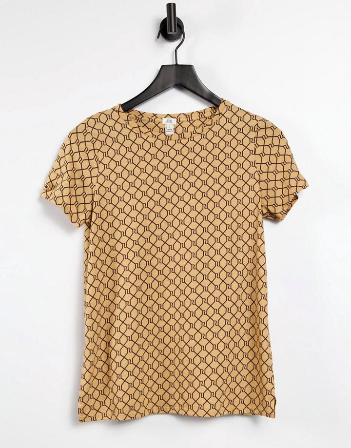 River Island Monogram Logo T-shirt In Brown