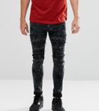 Liquor N Poker Faded Black Biker Extreme Zip Skinny Jeans - Black