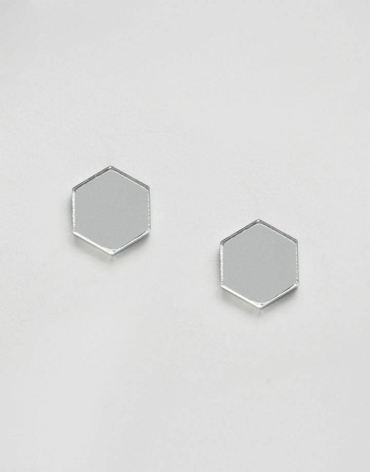 Wolf & Moon Hexagon Stud Earrings - Silver