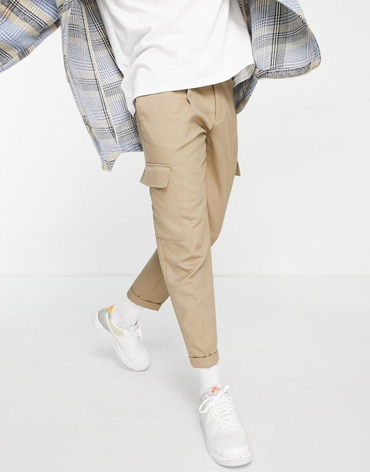 Topman Tapered Twill Cargo Pants In Dark Stone-neutral