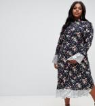 Asos Design Curve Ditsy Print Midi Dress With Sequin Hem And Cuff Detail - Multi
